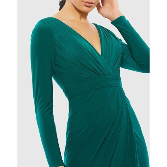 Mac Duggal Size 12 Green 26554 Long Sleeve Wrap Jersey Slit Gown Dress New - Picture 3 of 14